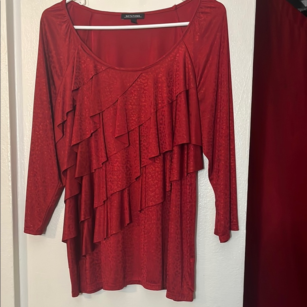 Notations Red Ruffled 3/4 Sleeve Blouse